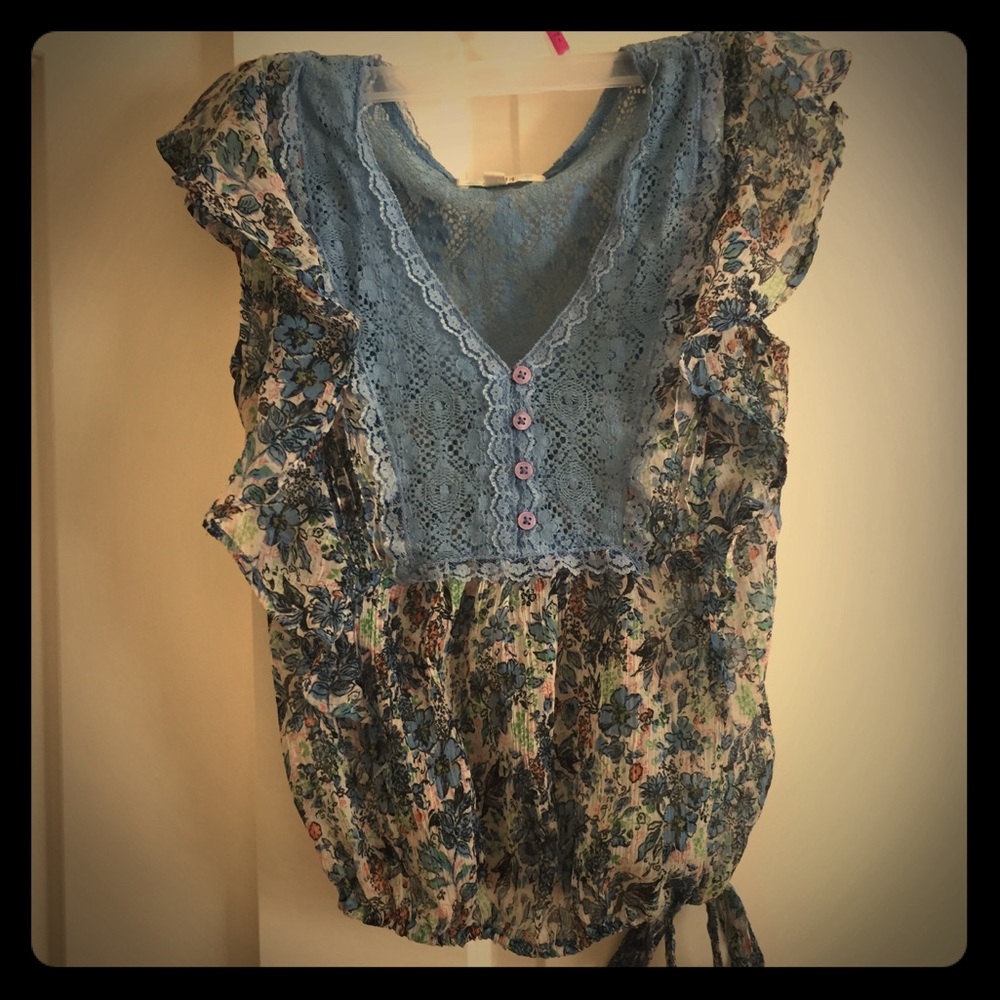 Floral, lace pastel blue summer blouse